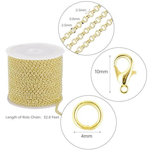32.8 Feet Chains for Jewelry Making 14K Twist Chains Gold Plated Brass Necklace Craft Chains with Lobster Clasps and Jump Rings Bulk for DIY Bracelet Ankle Earring - color: Twist Rolo Gold