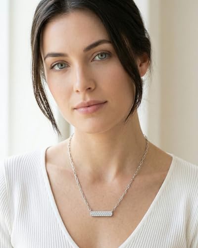 Horizontal Bar Necklace for Women, Sterling Silver or 14K Gold Plated Silver, Minimalist, CZ Diamond, Dainty Bar Pendant - Unique Jewelry Gift - style: Full Pavé - Silver