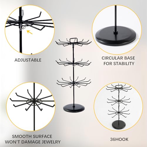 3 Tier Rotating Jewelry Stand with Adjustable Height, Necklace Holder Display Stand with 36 Hooks, Metal Jewelry Tree Organizer for Bracelets, Keychain Display, Jewelry Display for Vendors