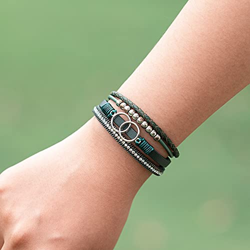 FANCY SHINY Mothers Day Gifts Boho Leather Wrap Bracelet Stackable Infinity Chunky Cuff Bracelets Western Hippie Outfits Jewelry Valentine Gifts for Women - color: Olive Green