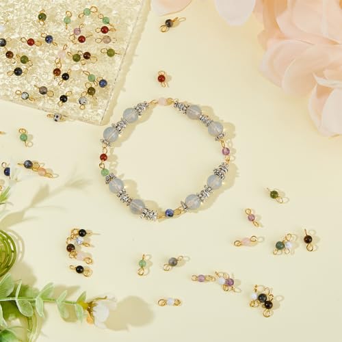 DICOSMETIC 120Pcs 12 Styles Gemstone Connector Charm 4mm Round Stone Link Charms Natural Quartz Crystal Charms Stone Pendants with Double Loops for DIY Bracelet Necklace Jewelry Making, Hole: 2.3mm