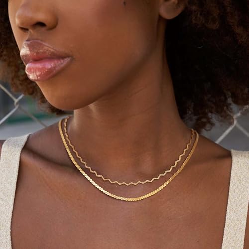 Dremmy Studios Dainty Gold Choker Necklace for Women 14K Gold Plated Coin Disc Figaro Layered Beaded Flat Mariner Sideways Cross Wishbone Link Clavicle Necklaces - style: 2.7mm Woven Chain