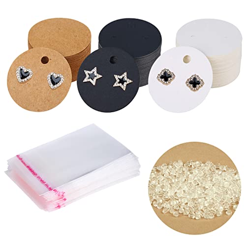 XXUOD 600 Pieces Display Cards Set, 150 Round Cardboard Earring Holder With 150 Self-Seal Bags and 300 Backs for Ear Studs - 3 Colors