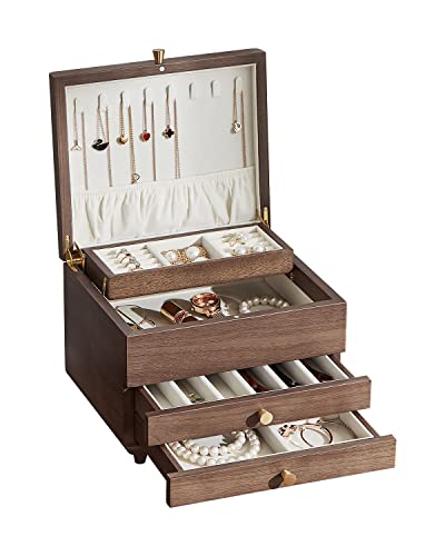 Wooden Jewelry Box, 3 Layer Large Jewelry Organizer for Women, Jewelry Storage, for Necklaces Rings Earring Watches Bracelets, Black Walnut Wood, Mothers Day Gifts for Mom