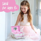 The Memory Building Co Ballerina Musical Jewelry Box Plays Classic Melody, Storage Organizer Music Box for Kids Ages 6-12, MDF Wood w/ 2 Fabric Lined Ring Bracelet Necklace Treasure Compartments - style: Ballerina