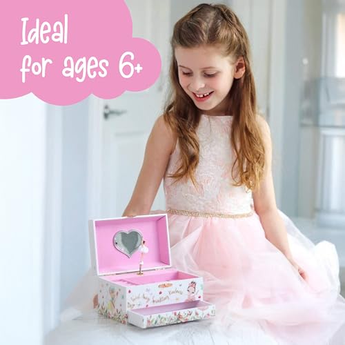 The Memory Building Co Ballerina Musical Jewelry Box Plays Classic Melody, Storage Organizer Music Box for Kids Ages 6-12, MDF Wood w/ 2 Fabric Lined Ring Bracelet Necklace Treasure Compartments - style: Ballerina