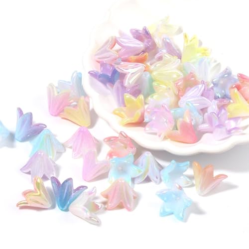 130Pcs Acrylic Trumpet Flower Beads for Jewelry Making AB Lily Flower Bead Caps Gradient Pastel Floral Beads for Earrings Necklace Bracelet DIY Craft Accessories Keychain(Colorful) - color: Colorful