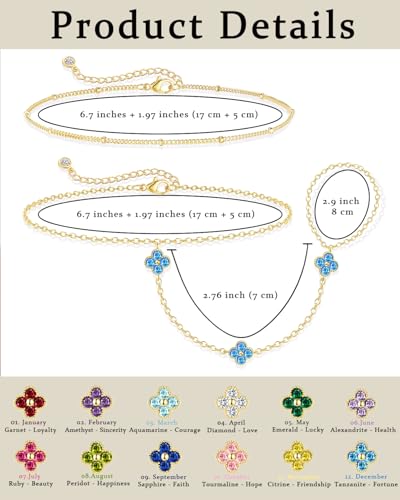 Gold Hand Chain Bracelets for Women Trendy Dainty Birthstone Clover Charm Ring Bracelet Hand Chain Set Non Tarnish 14K Gold Plated Stackable Finger Bracelets for Women Birthday Jewelry Gifts - color: 12.December(Artificial Tanzanite)