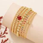 14K Gold Beaded Cross Beaded Bracelet Stack Set for Women,7PCS Bohemian Colorful Beads Ball Stretch Stackable Bracelets Trendy Holiday Birthday Gift - color: Red