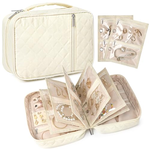 Travel Jewelry Case Organizer and Storage Quilted Jewelry Pouch Box for Traveling Ring Necklace Earring Holder with Velvet Jewelry Binder Mini Portable Jewelry Bag (Beige) - color: Beige