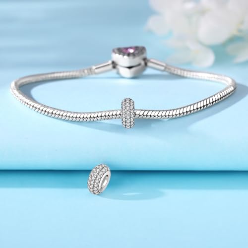 Spacer Stopper Beads for Bracelets & Necklaces, 925 Sterling Silver Beads | Smooth & Pave Cubic Zirconia (White, Blue, 18K Gold Plated) | Anti-Slide Separator Charms S925 Women Jewelry - color: 2Pcs Silver CZ Spacer