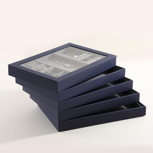 Dark Blue Jewelry Display Tray Ring Necklace Earring Bangle Organizer Multifunctional Storage Case for Jewelry Showcase (Long 3 Grids Tray) - color: 07-3 Gird Tray