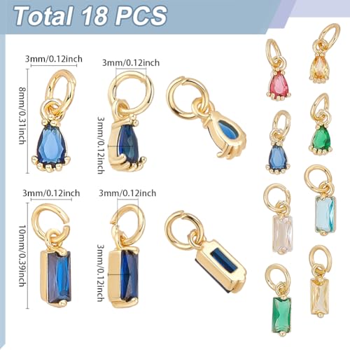 18Pcs 18 Styles Faceted Cubic Zirconia Charms, 18K Gold Plated Teardrop Rectangle Crystal Charm Pendants with Jump Shiny Ring CZ Stone Dangle Charms for Jewelry Accessory Making DIY Gift