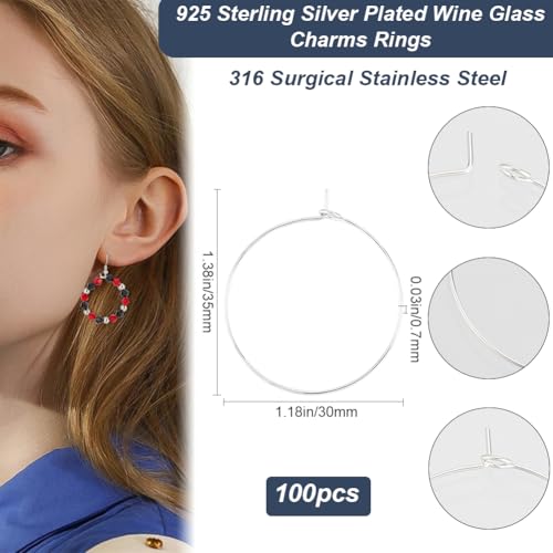 Beebeecraft 1 Box 100Pcs Hoop Ear Wires 316 Stainless Steel Earring Round Loops Findings Wine Glass Charm Rings for Beading Jewelry Making 30mm - color: Silver, size: 30mm