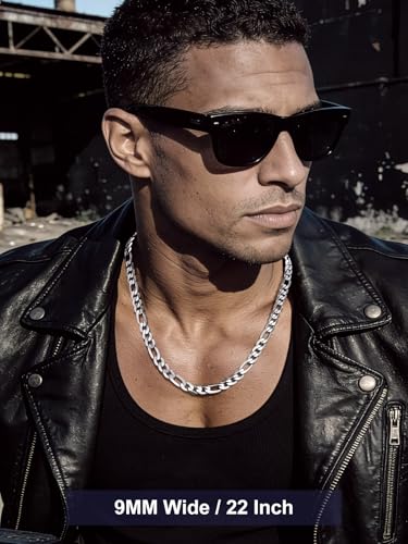 Bandmax Stainless Steel Figaro Chain Necklaces for Men Women, Silver/Gold/Black 4MM/6MM/9MM Flat Italian Style Figaro Link Chains Length 14"-30", Gift Packed - color: 03 9MM-Silver, size: 24 Inch