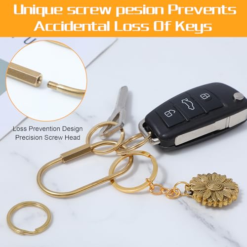 3pcs Gold Key Ring Gold Carabiner With 6 O-Rings Brass Key Rings Bulk Keychain Locking Chain Organizer Holder Screw Lock Keychain Clip Purse Bag Charm Clip Security for Keys Charms for Handbags