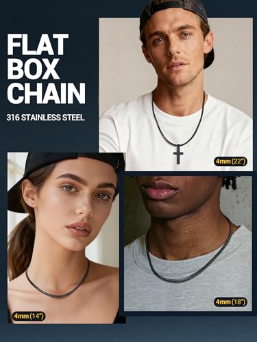 PROSTEEL Stylish Stainless Steel Flat Box Link Chain Necklace for Men, Silver/Gold/Black Tone, Hypoallergenic Jewelry, 14"-30", Come with Box - size: 18 inch(46cm), style: 4mm-Cool Black