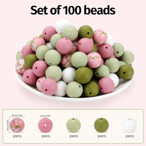 100 Pcs 15mm Silicone Beads for Keychain Making, Pink Gream Silicone Beads Bulk Round for Bracelets Pens Crafts Jewelry Making (Pink Green) - color: Pink Green