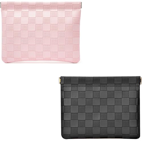 Leather Pocket Cosmetic Bag for Purse,Coin Purse Lipstick Cosmetic Accessories Organizer, Travel Kit Storage Pouch,Waterproof Portable No Zipper Self-closing (Black+Pink) - color: Black+Pink