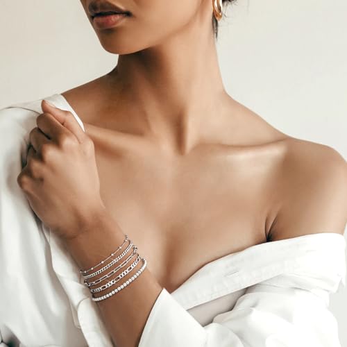 adoyi Gold Bracelets for Women, 14K Gold Plated Stackable Bracelet Stack Set Adjustable Charm Paperclip Chain Cuban Link Layered Waterproof Jewelry Sets Gifts for Womens - color: Silver 6.0 IN Small Wrist
