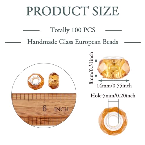 100pcs 14mm Large Hole Beads Glass Crystal Faceted Beads Goldenrod European Crystal Spacer Bead for Necklace Earring Bracelet Crafts Jewelry Making - color: Goldenrod
