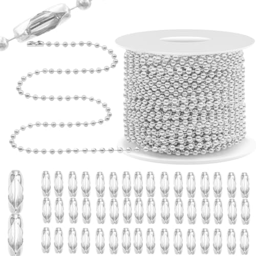 Bijou Joon 30 Ft White K Bead Chain 2 MM Small Ball Chain Roll Bead Ball Chains Necklace Beaded Pull Chains Dog Tag Link Metal for Jewelry Making Craft Bracelet Charm 50 Connectors Clasp - color: White K