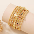 14K Gold Beaded Cross Beaded Bracelet Stack Set for Women,7PCS Bohemian Colorful Beads Ball Stretch Stackable Bracelets Trendy Holiday Birthday Gift - color: Beige