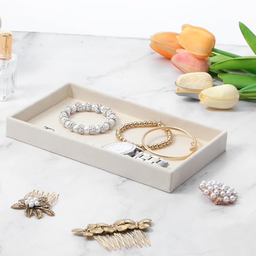 12 Pack Velvet Jewelry Trays, Stackable Drawer Organizer Inserts for Necklace, Earring, Ring, Bracelet Showcase Display and Storage, Beige, 8.27 x 4.92 x 1 Inch