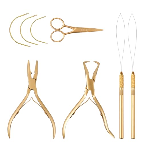 Hair Extension Pliers Kit Microlink Pliers for Extensions Hair Extension Beading Tool Hair Needle Pulling Hook Hair Styling Bead Closer and Remover Pliers - color: Gold