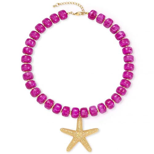 Chunky Beaded Starfish Shell Necklace for Women Colorful Boho Summer Chain Choker Beach Necklace with Acrylic Beads Trendy Chunky Jewelry Gifts - color: XL005D1