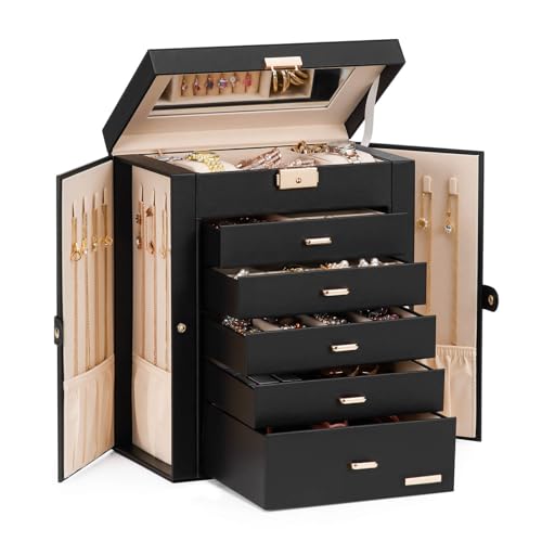 Homde Jewelry Box Large for Women: 6 Layers 5 Drawers Organizer with Mirror for Ring Earring Necklace - Storage Holder with Lock for Dresser - Ideal Gift Case (Black) - color: Black