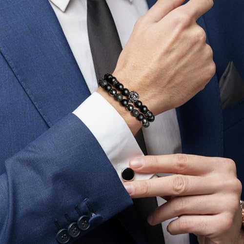 Natural Stone Bracelet 8mm Mens Black Beaded Bracelets Hematite Obsidian Onyx Lava Beads Bracelet Healing Crystal Bracelet for Men - style: Lion