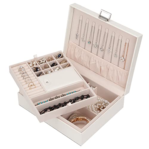 Jewelry Organizer Box for Girls Women - Double Layer Large Travel Jewelry Case with Gift Box/White - color: White
