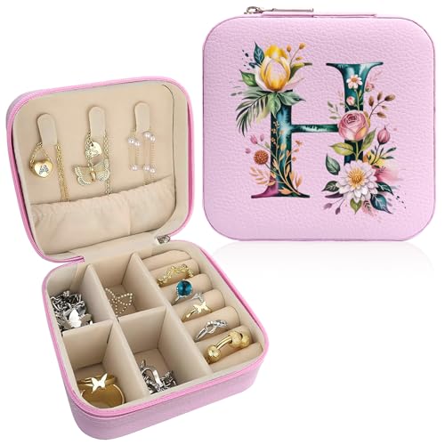 Monogram Jewelry Box Portable Print Jewelry Box, 1pcs Pink Compact Jewelry Box Travel Jewelry Case Travel Case Organizer Bag Storage Box Jewelry Holder For Necklace Earrings Rings Bracelet (Letter H) - color: Letter H