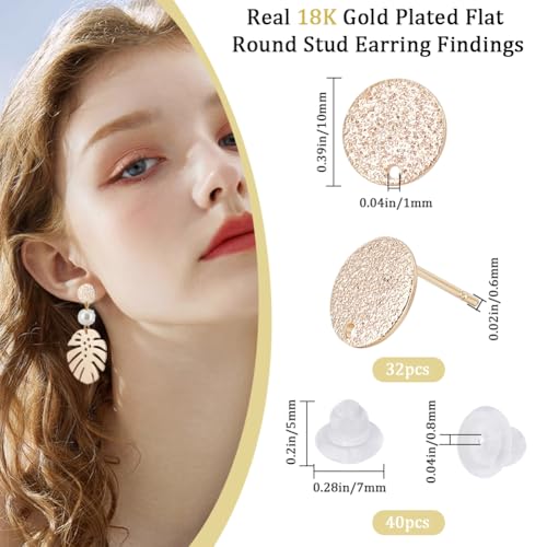 Beebeecraft 1 Box 32Pcs Round Earring Posts Real 18K Gold Plated Brass Earring Studs with Loop and Ear Nuts Hammered Texture Blank Stud Earring Findings for Jewelry Making Supplies DIY Crafts - color: Gold