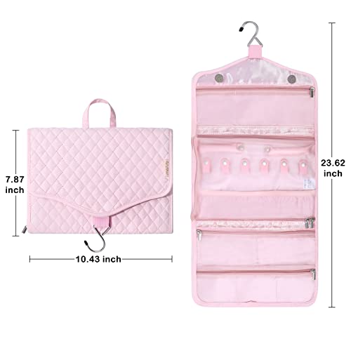 MOSISO Hanging Travel Jewelry Organizer Case, Foldable Portable Jewelry Organizer Bag with Hook & Handle for Necklace, Earrings, Rings, Bracelets and Daily Jewelries Carrying, Pink