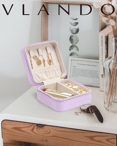 VLANDO Small Travel Jewelry Box Organizer - Girls Women Gift Rings Earrings Necklaces Jewelry Storage Display Case Purple - color: F.Purple