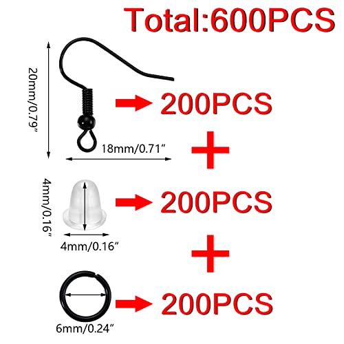 600Pcs/Pack Hypoallergenic Earring Hooks Kit Earring Hooks Open Jump Rings Earring Back Connects for DIY Jewelry Making Supplies Accessories (Black) - color: Black