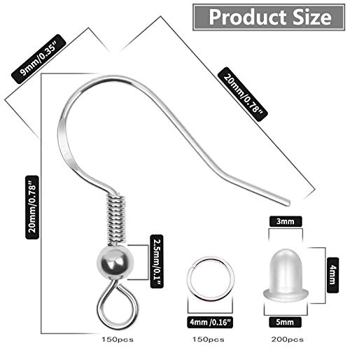 925 Sterling Silver Earring Hooks 150 PCS/75 Pairs,Ear Wires Fish Hooks,500pcs Hypoallergenic Earring Making kit with Jump Rings and Clear Silicone Backs Stoppers (Silver) - color: Silver, size: 500pcs