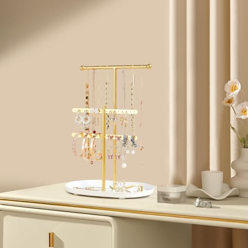 Saydear Elegant Jewelry holder Organizer 2-Tier Display Storage Stand for Earrings Necklaces with Ring Tray Spacious and Durable, Easy to Assemble White & Gold - color: White & Gold