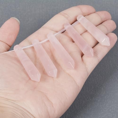 50mm Natural Rose Quartz Hexagonal Wand Jewelry Making Crystal Pointed Chakra Reiki Healing Beads 2mm Hole Drilled(Pack of 5) - color: Rose Quartz