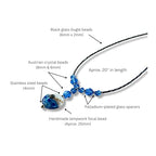 20" Handmade Lampwork Glass Statement Necklace for Women, Royal Blue Austrian Crystal, Black Bugle Beads, Stainless Steel Clasp