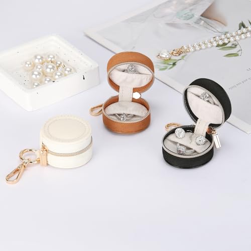 KUKUVR Jewelry Ring Holder Box with Keychain, Portable Gym Jewelry Storage Box Case, Small Travel Ring Earring Stud Necklace Storage Case (White) - color: White