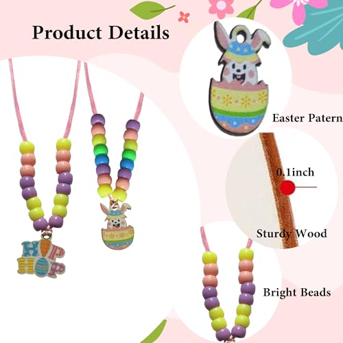 Twelcshyp 24 Sets Easter Beads Necklace Bulk DIY Easter Craft Kit Bunny Chick Egg Carrot Wood Charms Color Pastel Beads for Party Favors Classroom Supplies
