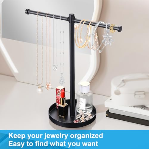 bodkar Jewelry Necklace Organizer Stand,12.9" Tall Sturdy Metal Jewelry Stand with Round Tray for Bracelet Bangles Holder Display,Long Necklace Organizer Holder (black) - color: Black