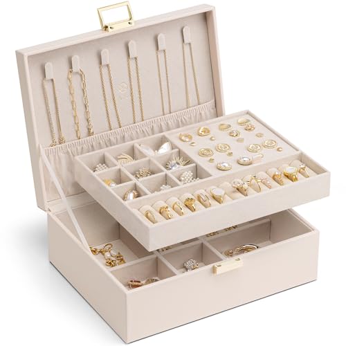 VLANDO 2 Layer Jewelry Box Large Jewelry Organizer for Women Removable Jewelery Tray for Necklace Earrings Rings Bracelets Mothers Gifts for Mom Wife (Light Pink) - color: 04-Apricot Pink