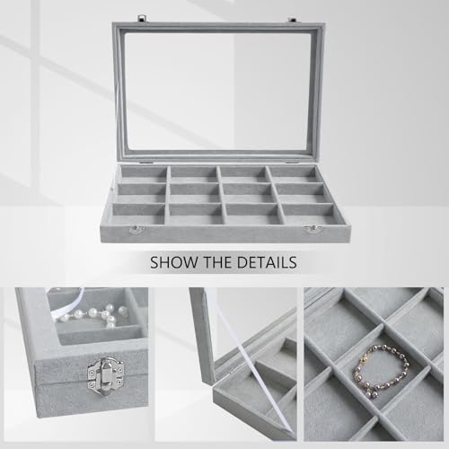 Wudygirl 12 Grid Jewelry Organizer Velvet Jewelry Tray with Clear Lid Jewelry Box Bracelet Holder Display Case Storage Bracelets Rings Earrings Organizer (12 Grid) - style: 12 Grid Tray