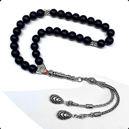 Simple Designed Natural Stone Worry Beads (8mm -33 Beads) - Prayer Beads Tesbih-Tasbih-Tasbeeh-Misbaha-Subha-Sebha-Sibha-Rosary (Black Glass -8 mm 33- Beads) - color: Black Glass -8 mm 33- Beads