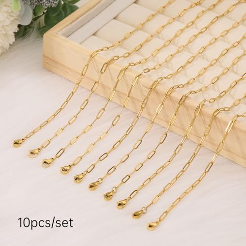 GTVOODX 10Pcs 18Inch 18K Gold Plated Charm Necklace Chain Bulk 3x9mm Paperclip Stainless Steel Chains for Jewelry Making Supplies - color: Gold, size: 18 Inch