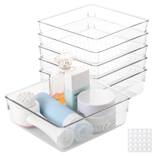 6 Pcs Large Clear Plastic Drawer Organizers Tray 6" x 6" Storage Bins with 25 Pcs Non-Slip Pads for Makeup, Jewelries, Kitchen Utensils, Bathroom and Office - size: 6"x6"